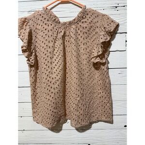 Mine Women Eyelet Lace Ruffle Neck Flutter Sleeve Blouse Top Mauve Pink Large